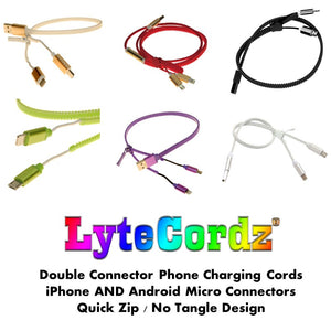 2 in 1 No Tangle Zipper Cords - iPhone and Android Micro Connectors - 3 Feet